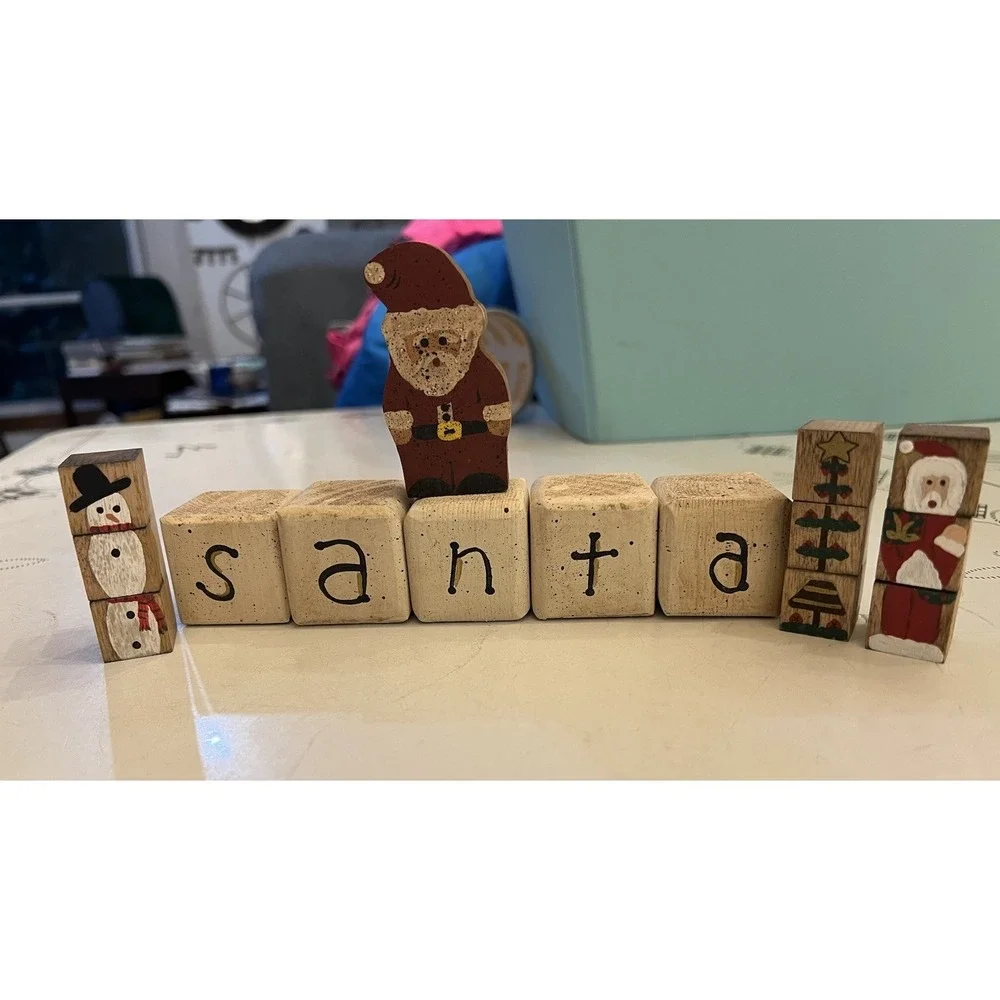Vintage Homemade Painted Santa Blocks, Tree, Santa,  Snowman